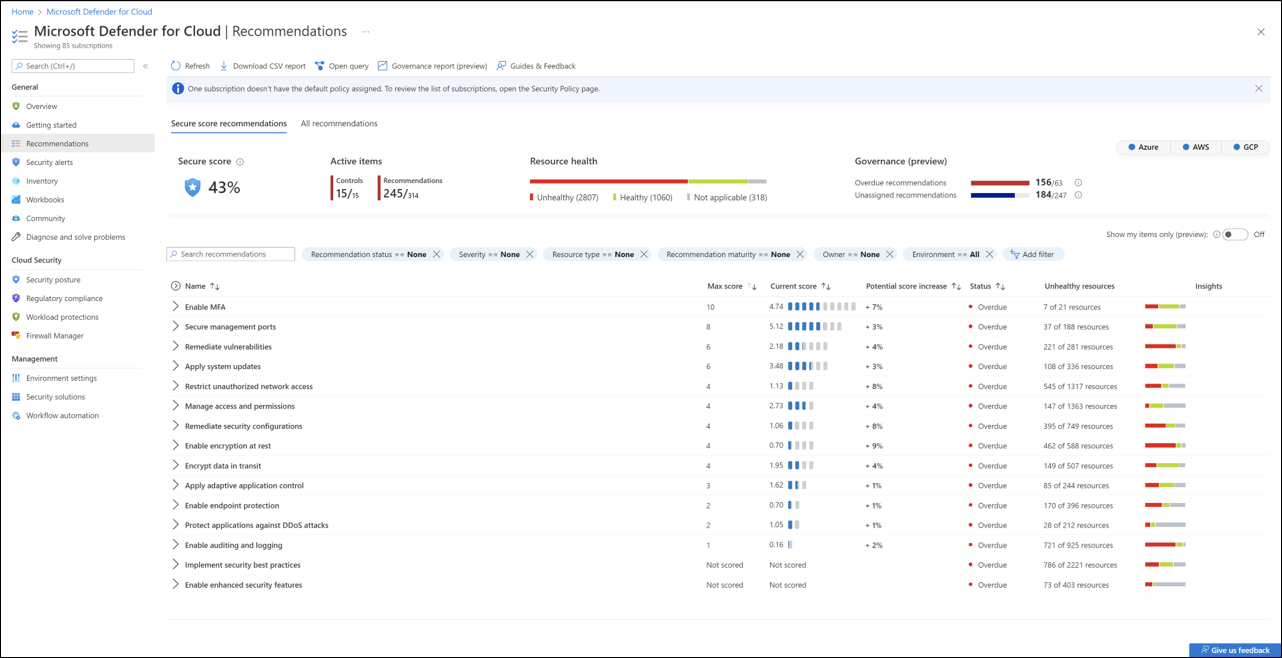 Screenshot che mostra la pagina delle raccomandazioni di Microsoft Defender per il cloud.