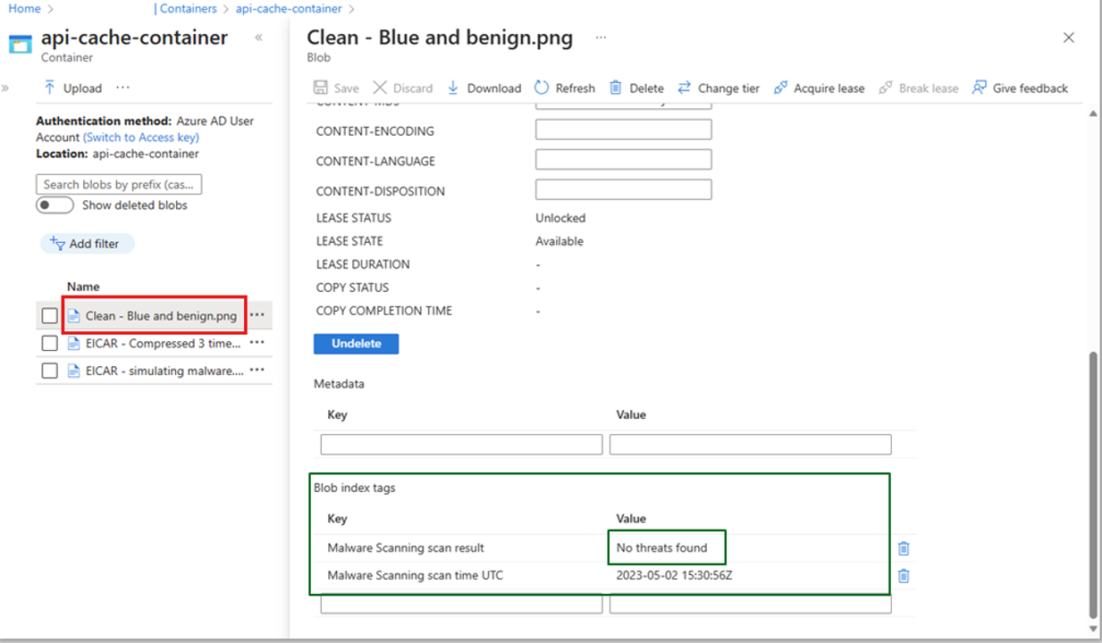 Screenshot che mostra i risultati e l’ora Coordinated Universal Time dell'analisi malware nei metadati del BLOB.