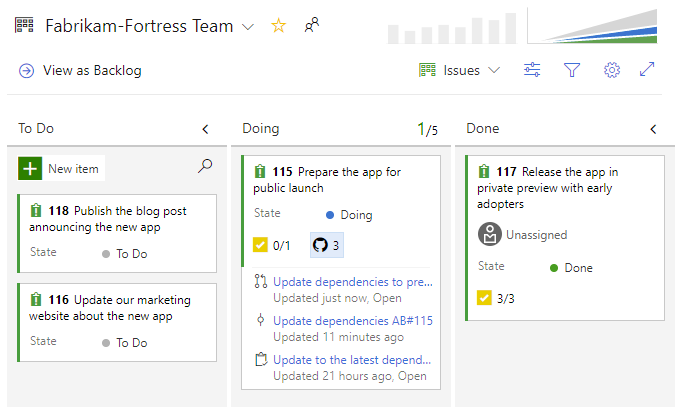 screenshot dell'integrazione di GitHub e Azure Boards.