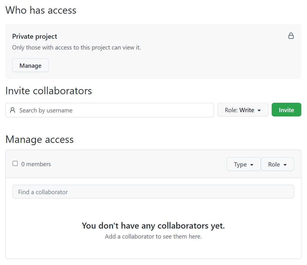 Screenshot delle impostazioni di GitHub Projects per gestire gli accessi.