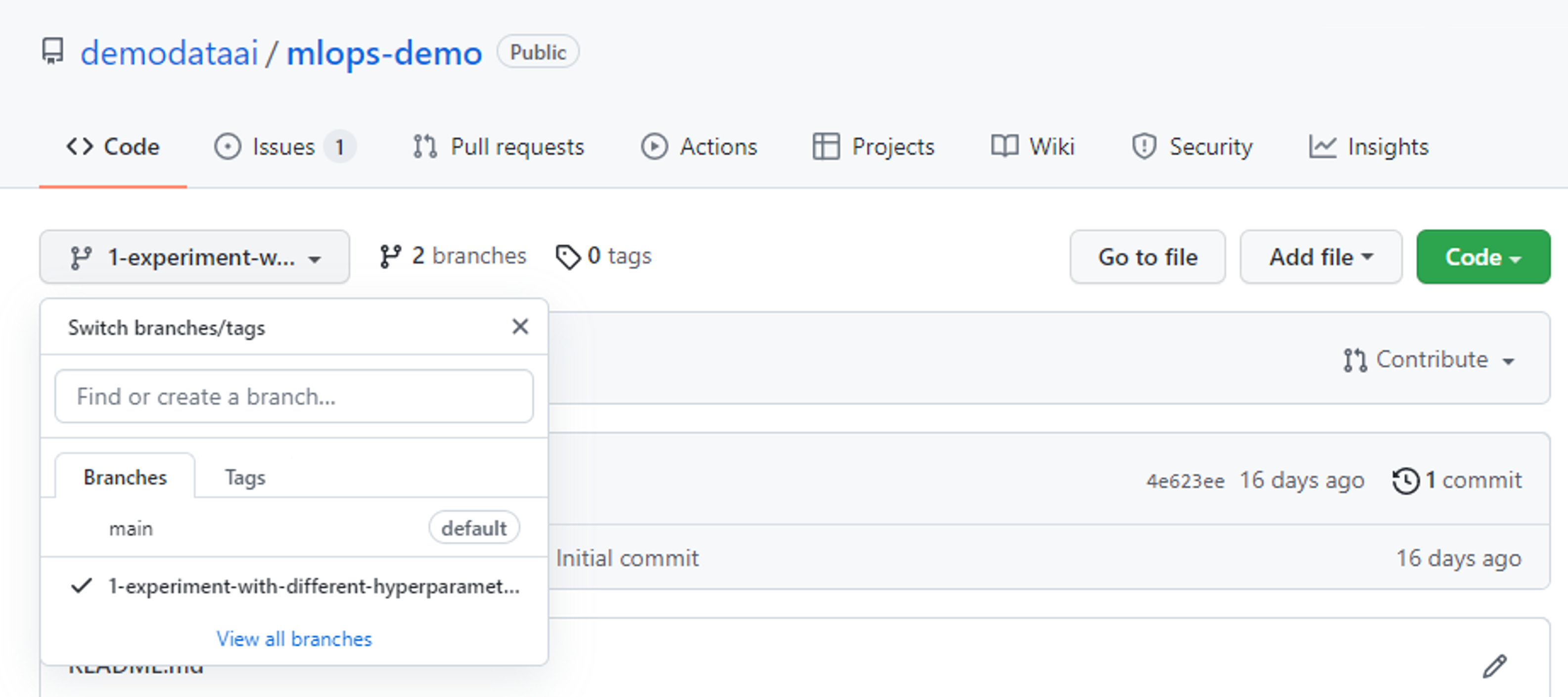 Screenshot della creazione di un nuovo ramo nel repository GitHub.