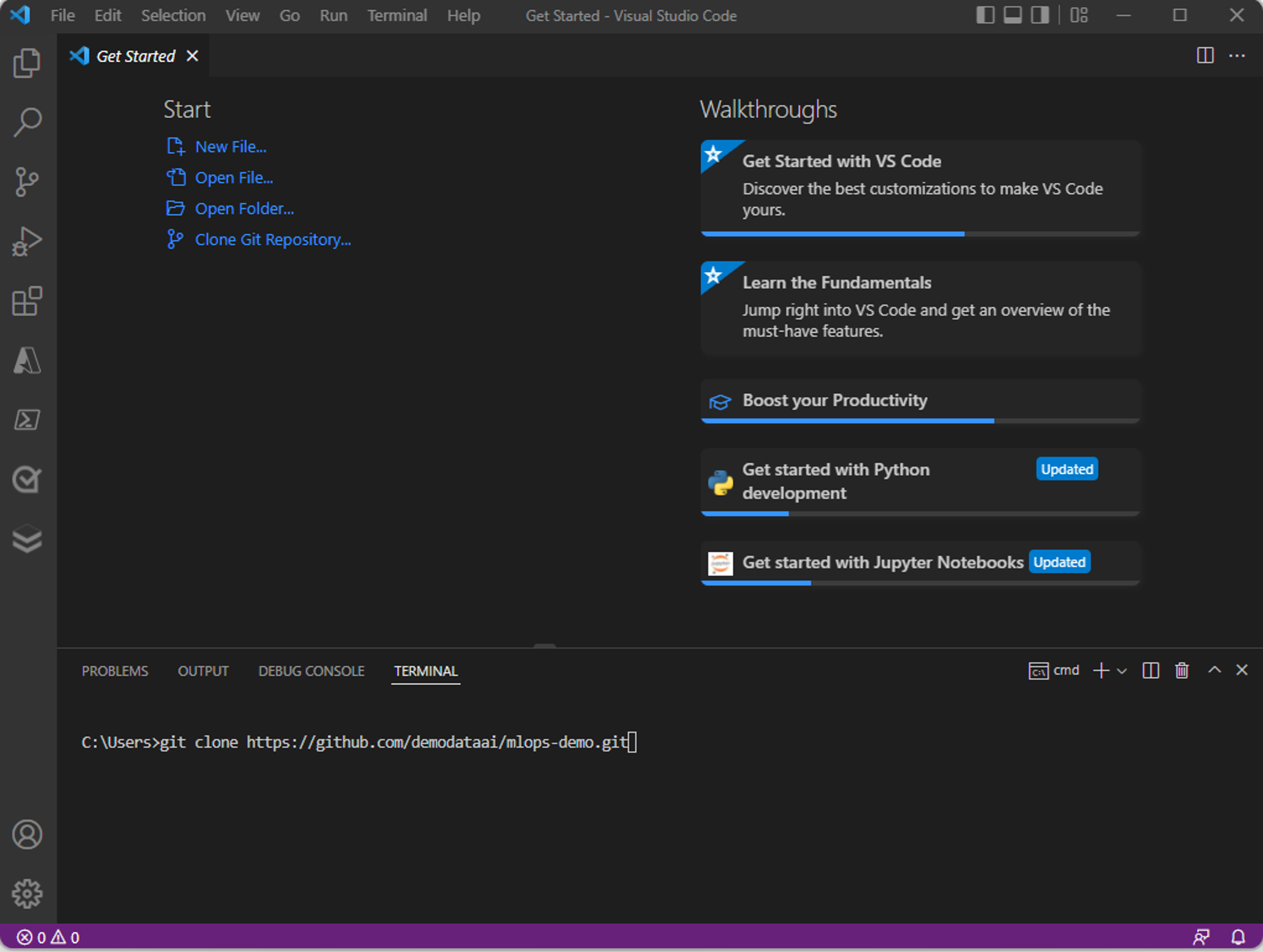 Screenshot del clone di Git clone nel terminale di Visual Studio Code.