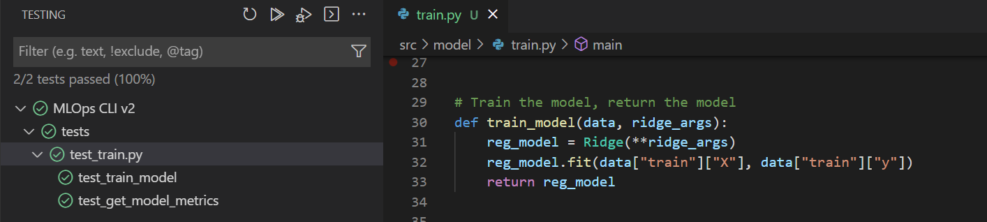 Screenshot dei risultati di unit test riusciti in Visual Studio Code.