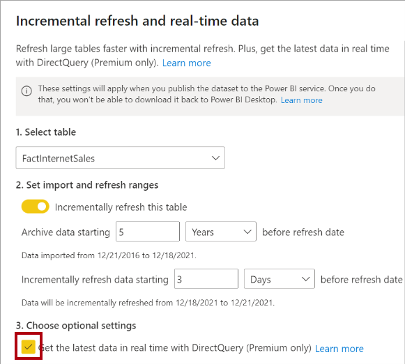 Diagramma animato che mostra la configurazione dei dati in tempo reale e con aggiornamento incrementale ed evidenzia l'opzione per ottenere i dati più recenti in tempo reale con DirectQuery.