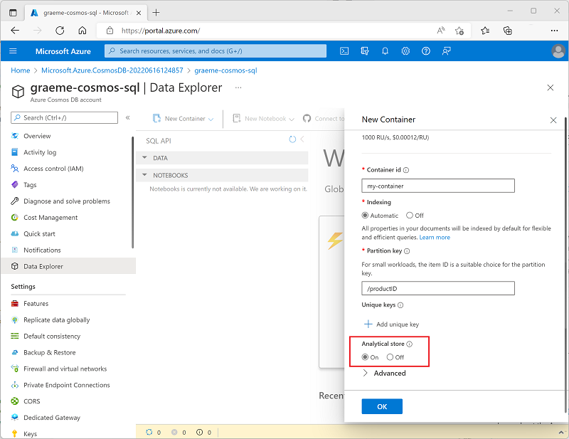 Screenshot showing the Analytical Store option when creating a new container in the Azure portal.