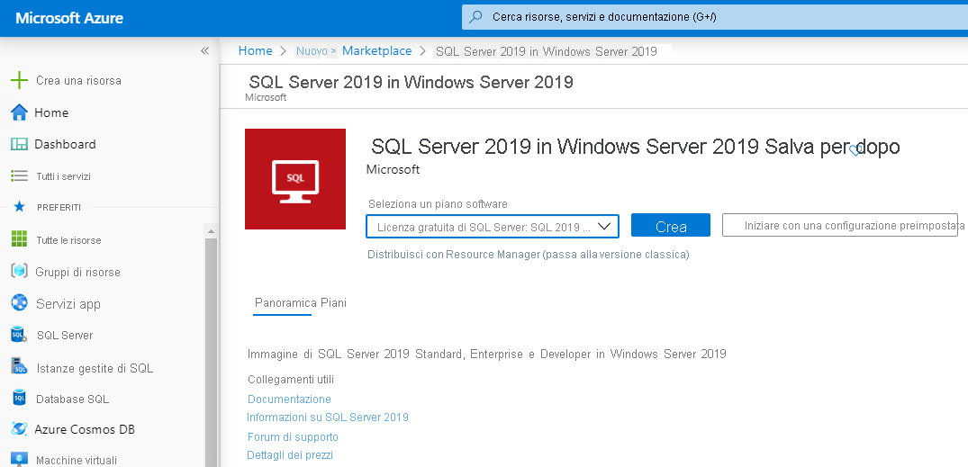 Creazione della macchina virtuale di SQL Server nel portale di Azure