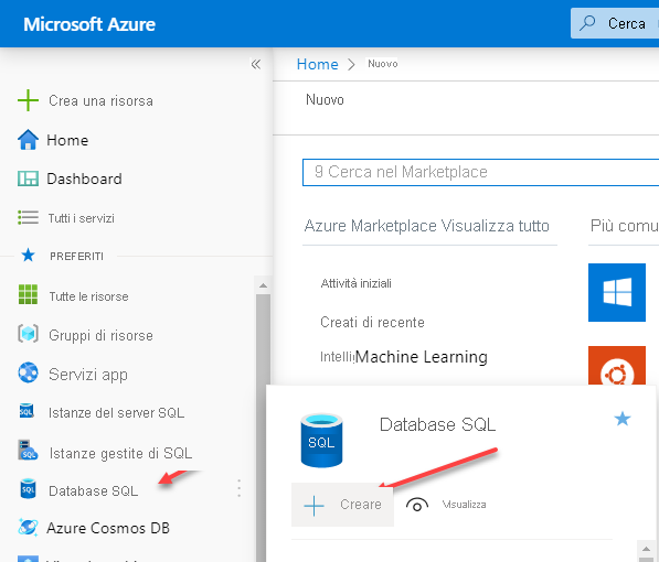 Schermata di distribuzione del database SQL di Azure nel portale di Azure