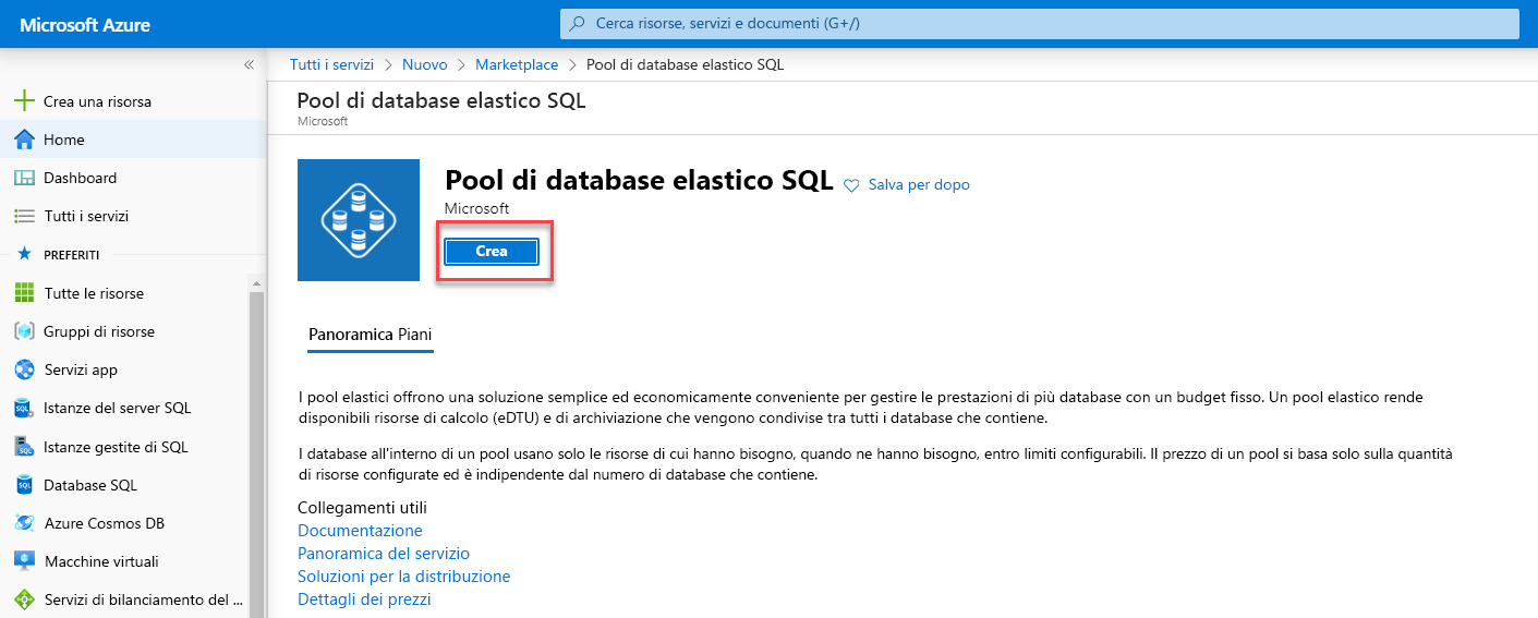 Schermata Crea pool elastico nel portale di Azure