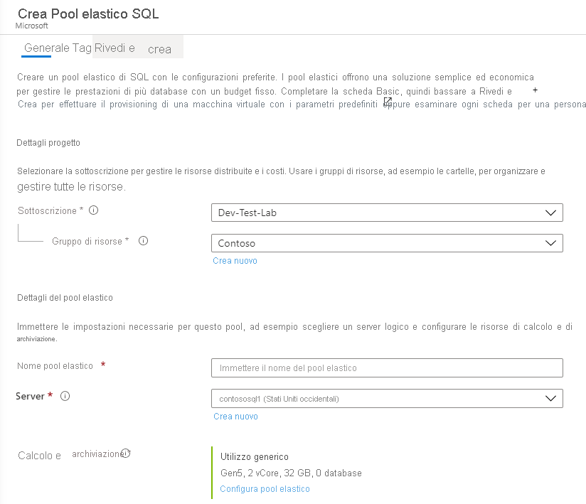 Creazione di pool elastico nel portale di Azure