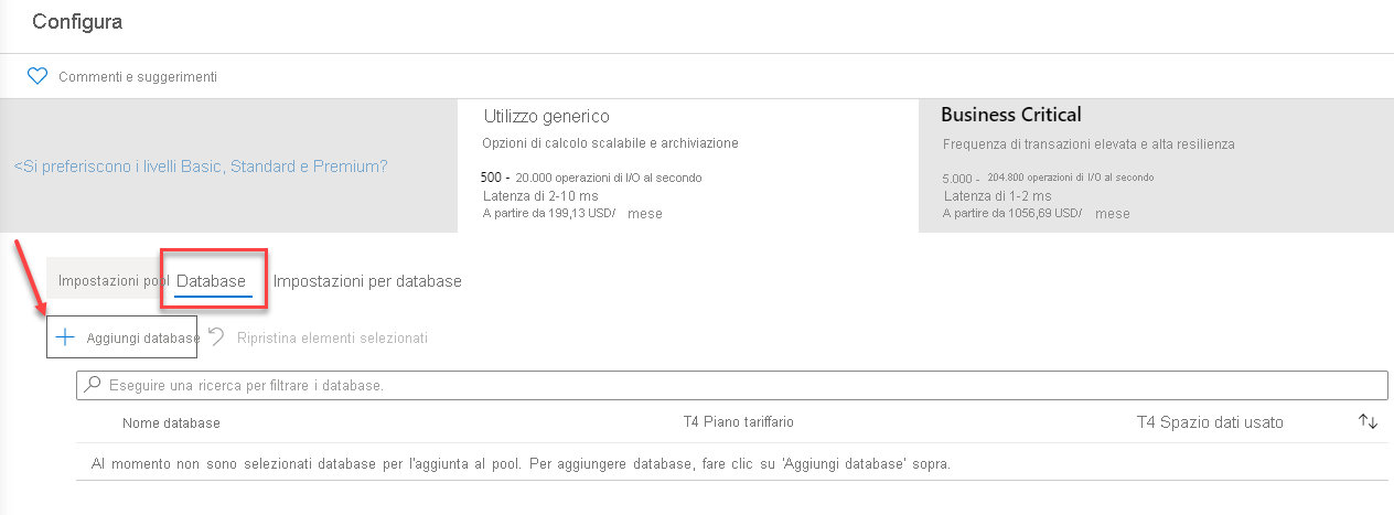 Aggiunta di un database a un pool elastico nel portale di Azure