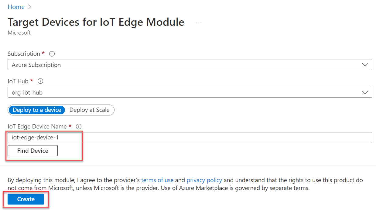 Viene visualizzato un modulo che richiede il nome del dispositivo IoT Edge. Il pulsante Crea è evidenziato.