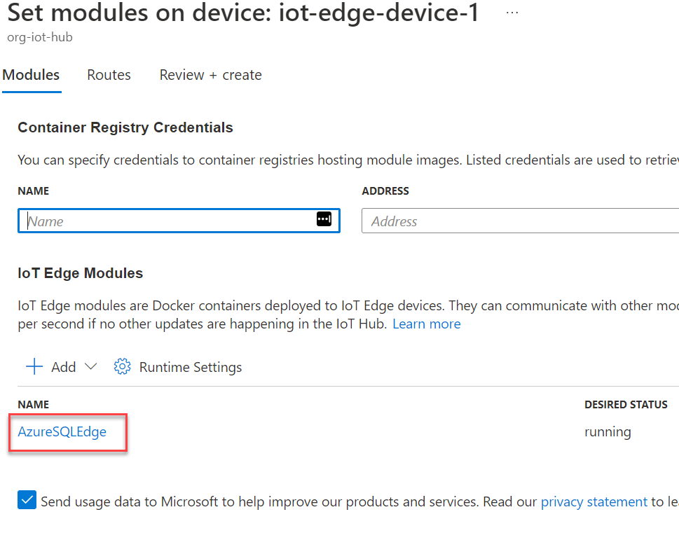 Viene visualizzato l'elenco dei moduli IoT Edge con il modulo AzureSQLEdge evidenziato.