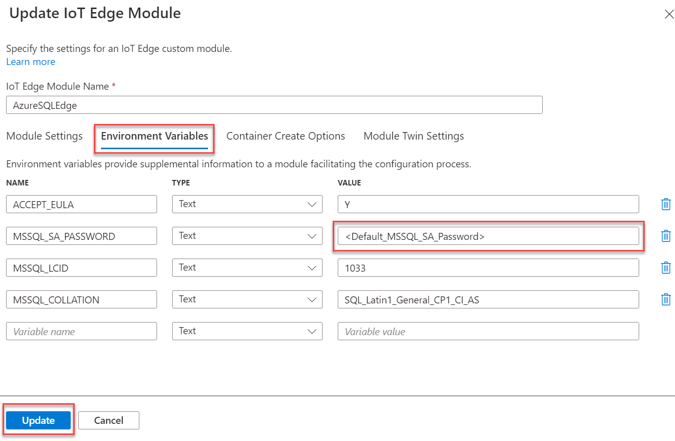 La scheda Variabili di ambiente del modulo IoT Edge è selezionata insieme al valore per MSSQL_SA_PASSWORD. Il pulsante Aggiorna è evidenziato.