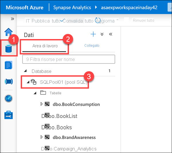 Visualizzazione delle aree di lavoro nell'hub Dati in Azure Synapse Studio