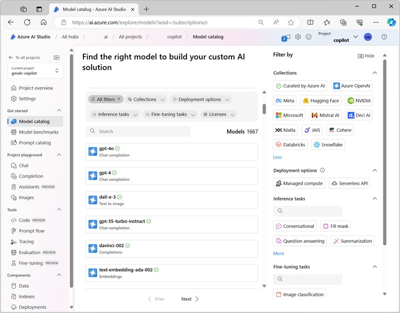 Screenshot di Studio AI della piattaforma Azure