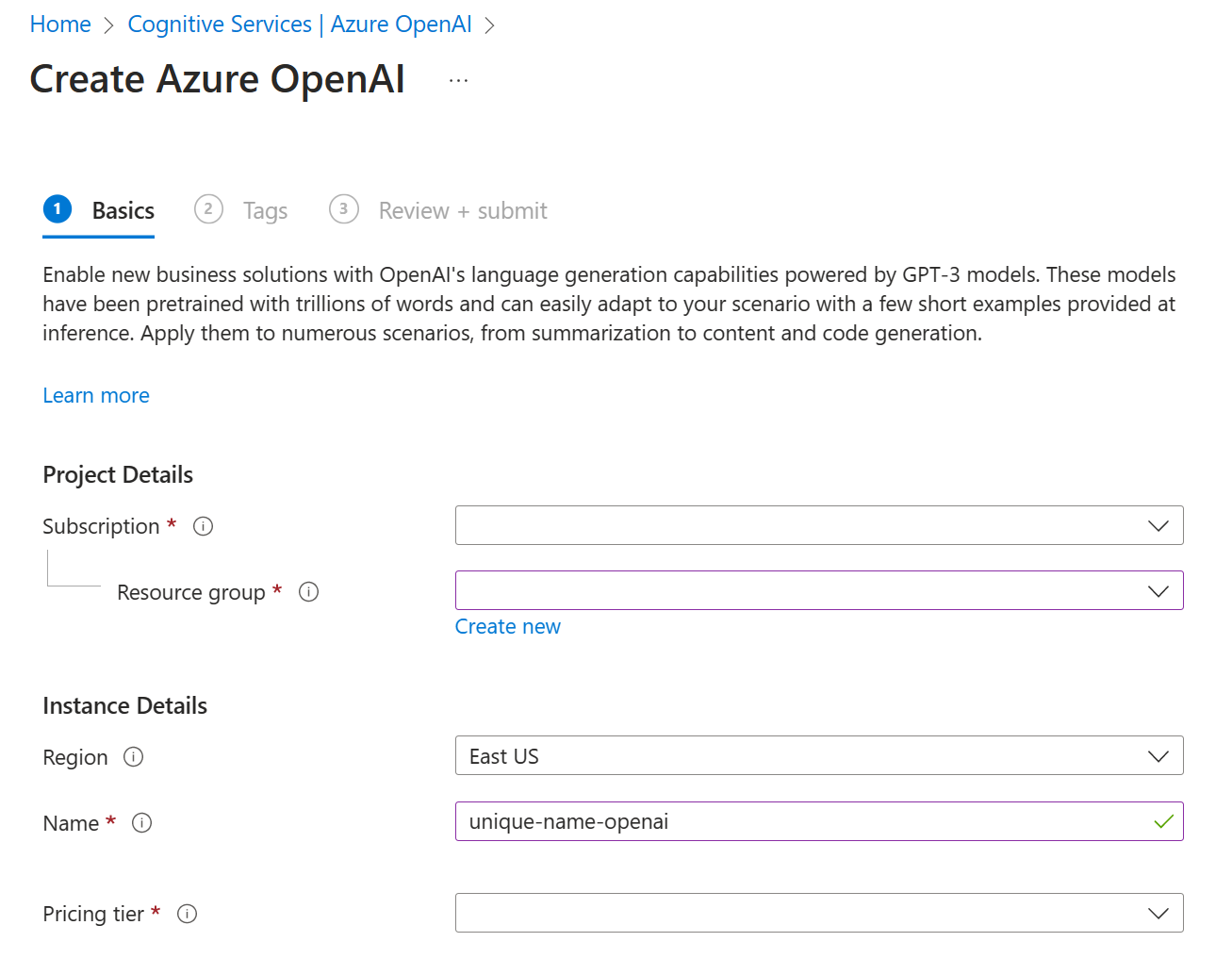 Screenshot della pagina del portale di Azure per creare una risorsa del servizio OpenAI di Azure.