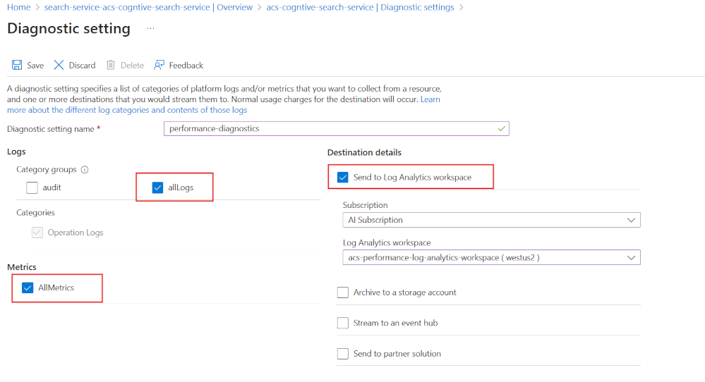 Screenshot of the diagnostic settings screen with all the options selected.