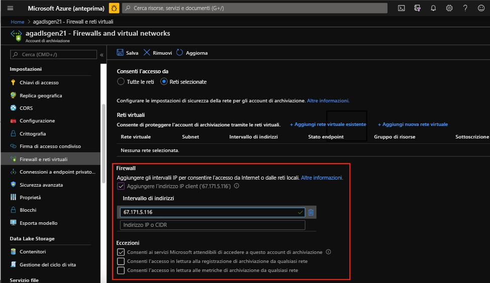 Firewall di archiviazione di Azure