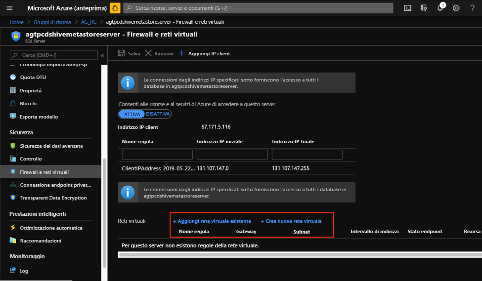 Configurazioni delle reti virtuali del database SQL