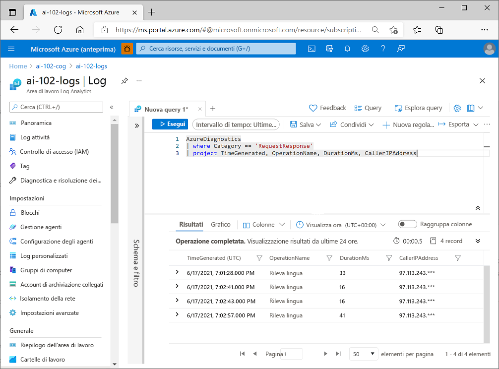 Screenshot di una query di Azure Log Analytics che restituisce i dati di diagnostica registrati per una risorsa di Servizi di Azure AI.