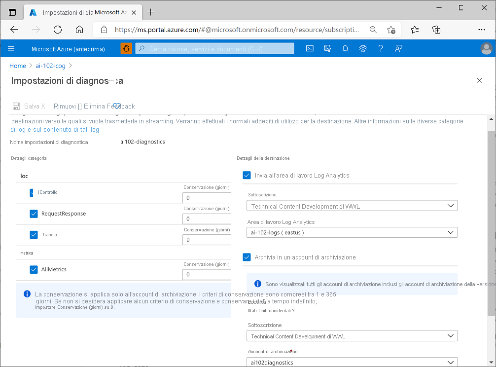 Screenshot delle impostazioni di diagnostica per una risorsa di Servizi di Azure AI.