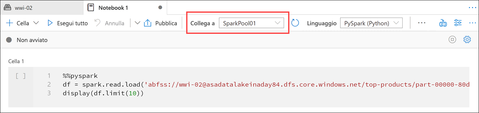 La voce di menu Collega a pool di Spark è evidenziata.