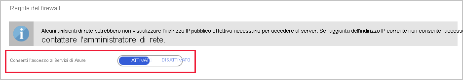 Image highlighting the Allow access to Azure services action setting in the firewall configuration for Azure Database for MySQL or PostgreSQL