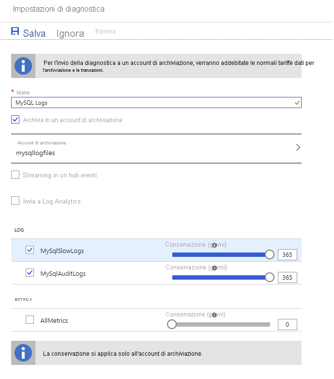 Image of the Diagnostic settings page for Azure Database for MySQL.