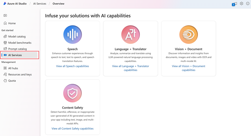 1Screenshot della home page del portale Microsoft Studio AI della piattaforma Azure.
