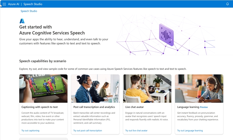 Screenshot della home page del portale Microsoft Speech Studio.