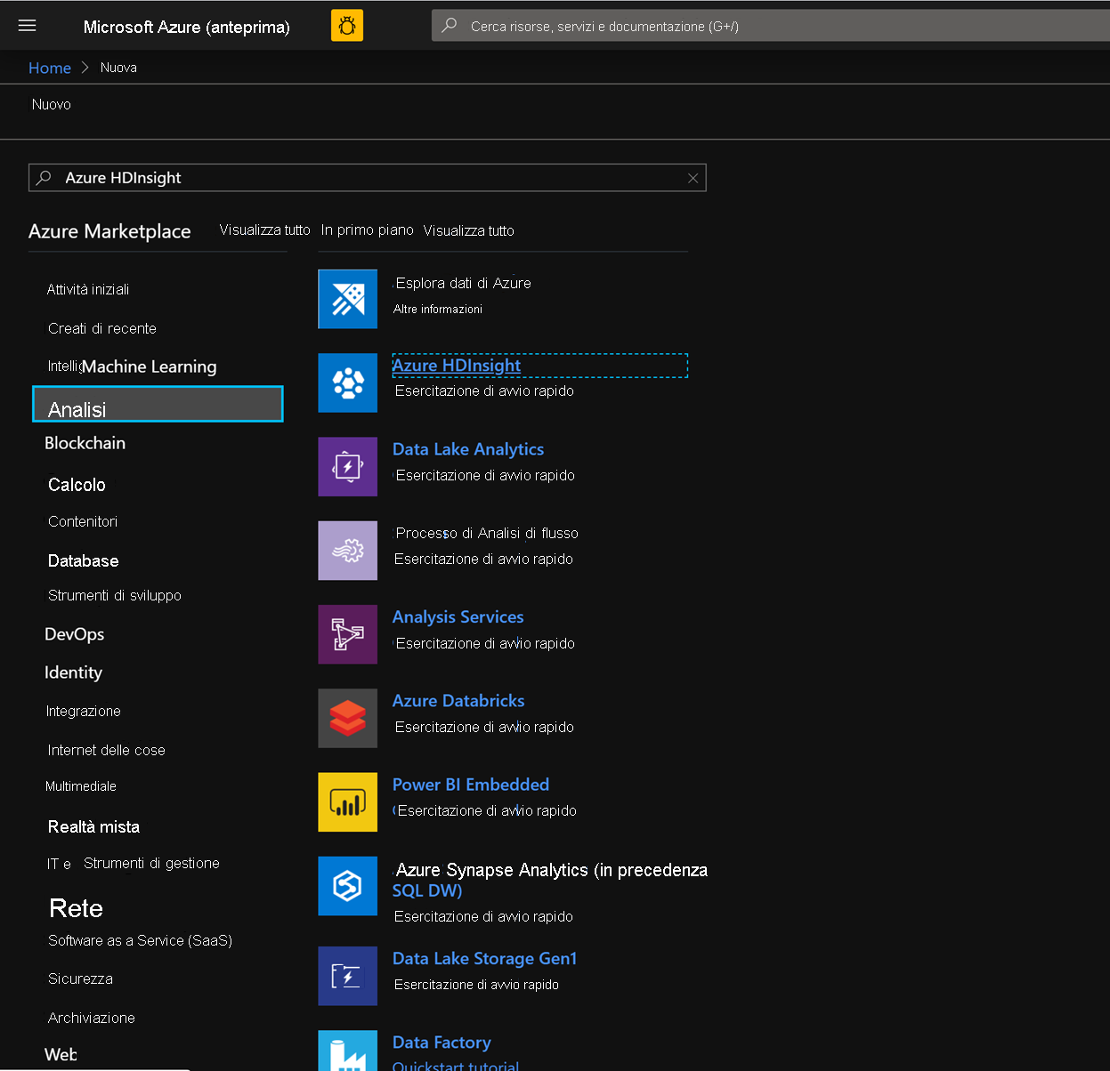 Screenshot shows Azure H D insight highlighted in Analytics in the Azure Marketplace.