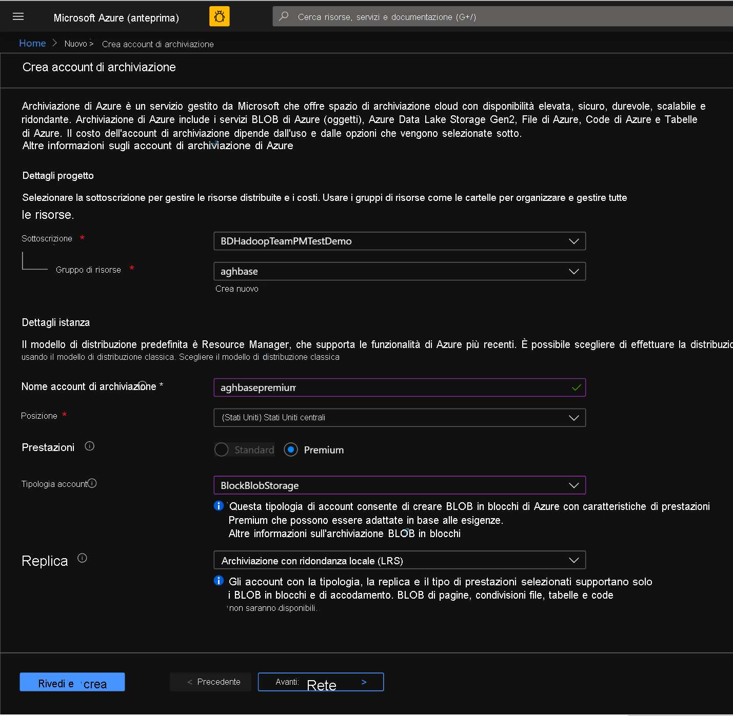 Create storage account screen in the Azure Portal.