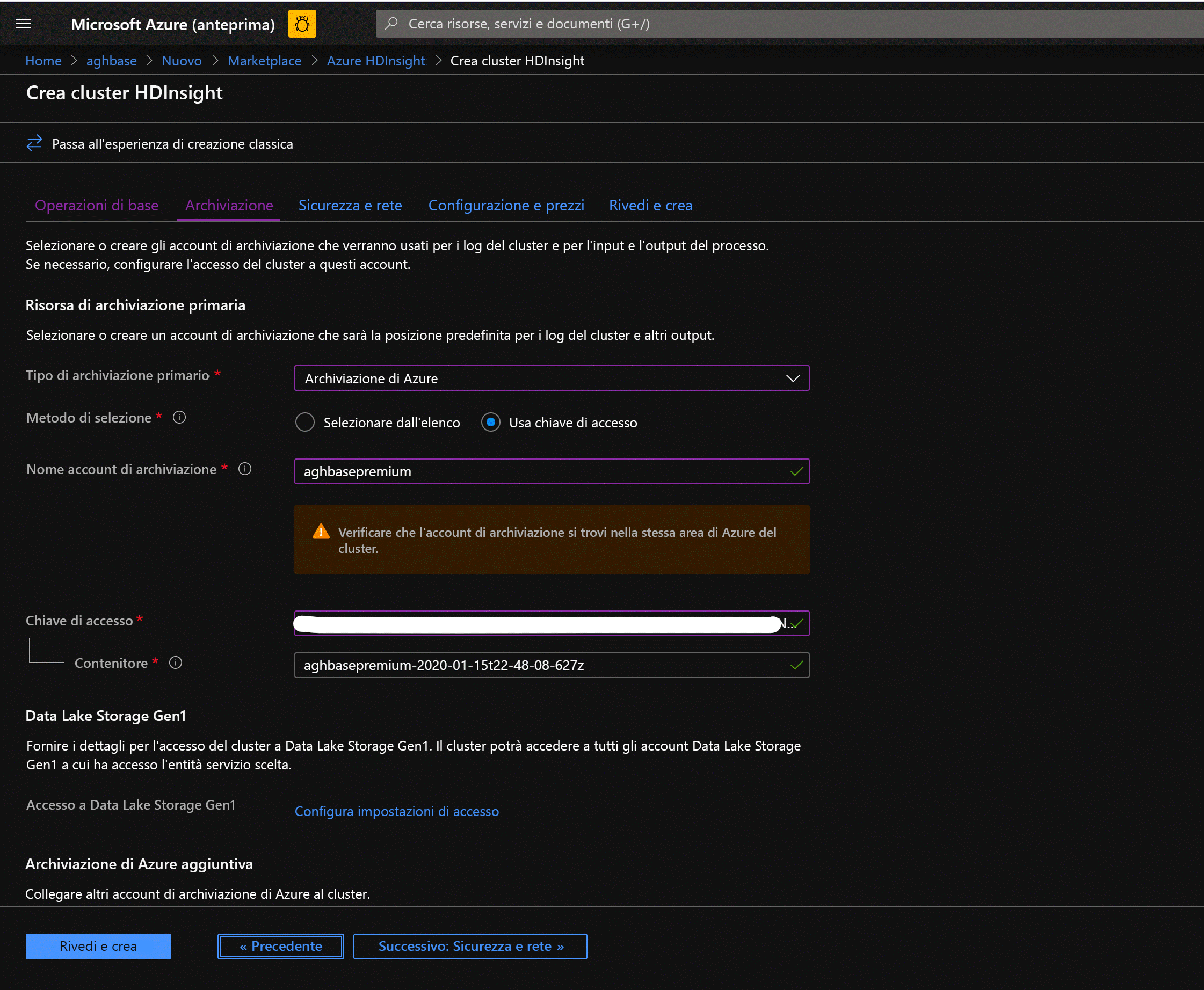 Define Storage settings for Azure HDInsight in the Azure Portal.