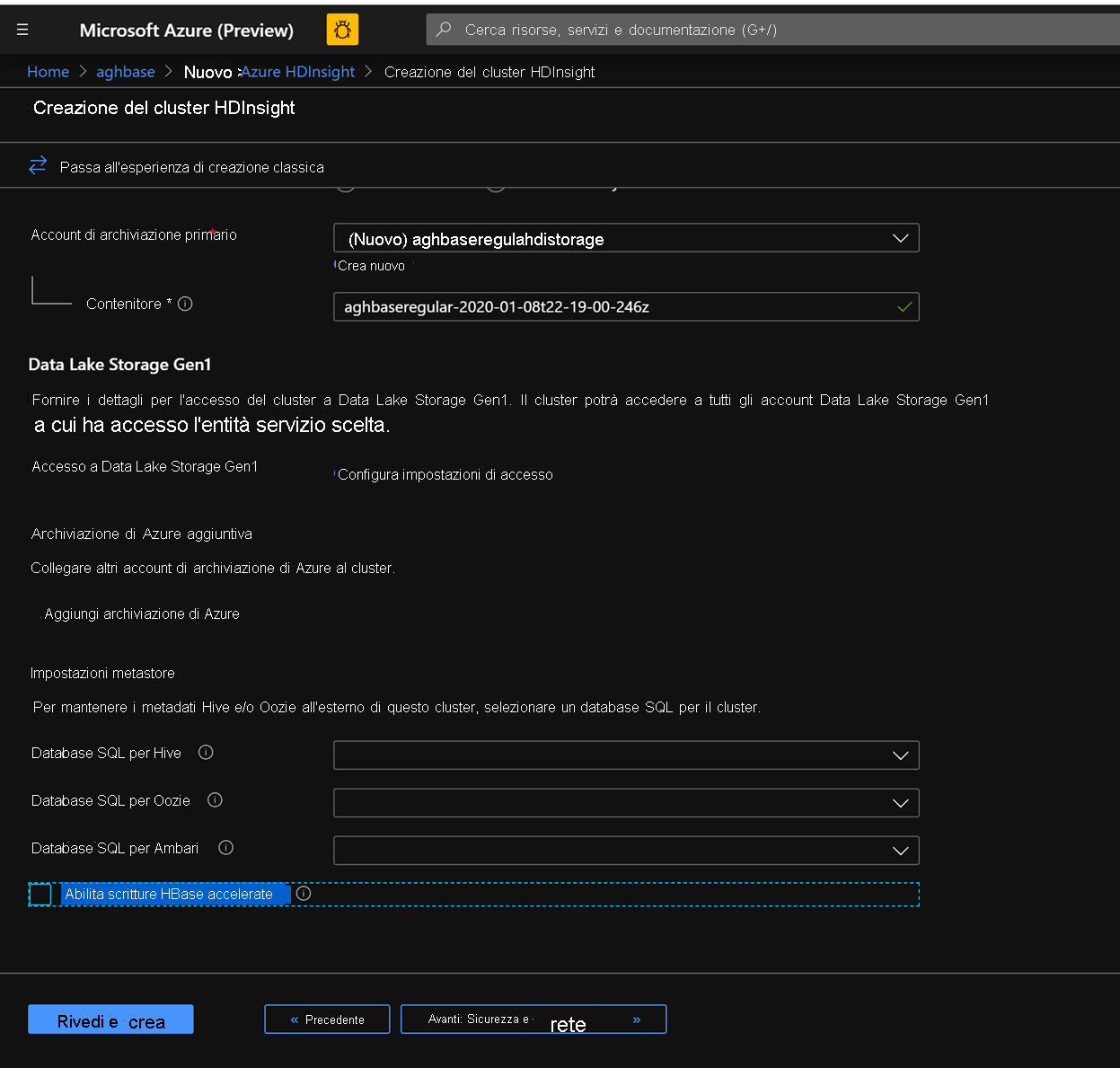 Screenshot shows Enable Accelerated Writes checkbox unchecked, in the Create H D Insight cluster page.