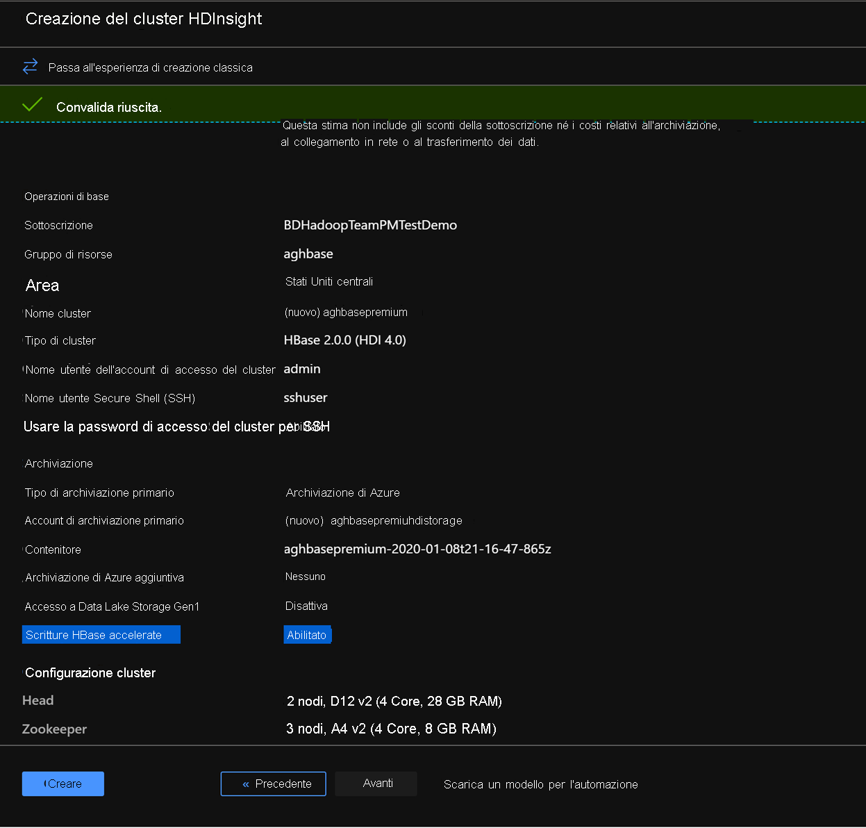 Azure HDInsight validation in the Azure Portal.