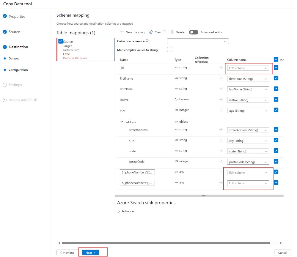 A screenshot of the schema mapping pane.