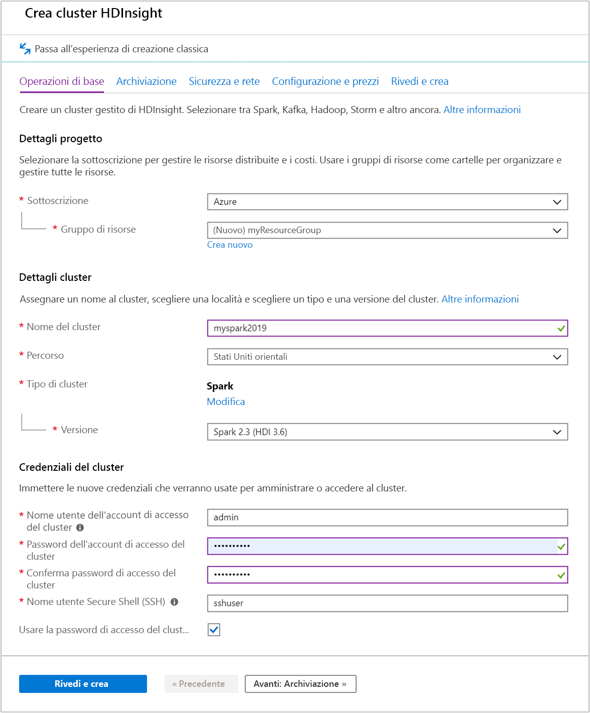 Screenshot della scheda di base nella schermata Creazione del cluster AzureHDInsight nel portale di Azure