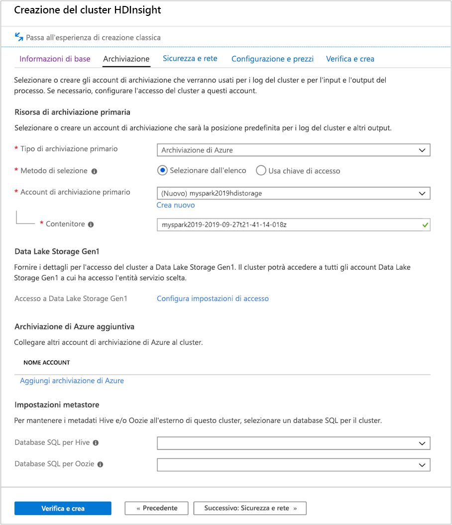 Screenshot della scheda Archiviazione nella schermata Creazione del cluster Azure HDInsight nel portale di Azure