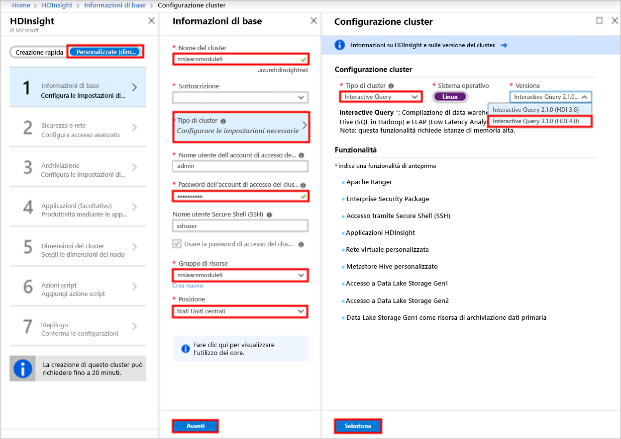 Screenshot che mostra le pagine di configurazione HDInsight, Informazioni di base e Cluster con più campi evidenziati.