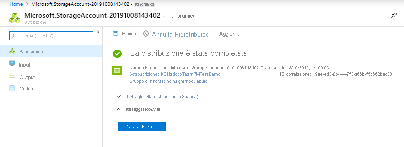 Screenshot che mostra la pagina di panoramica dell'account di archiviazione Microsoft, che indica che la distribuzione è stata completata.