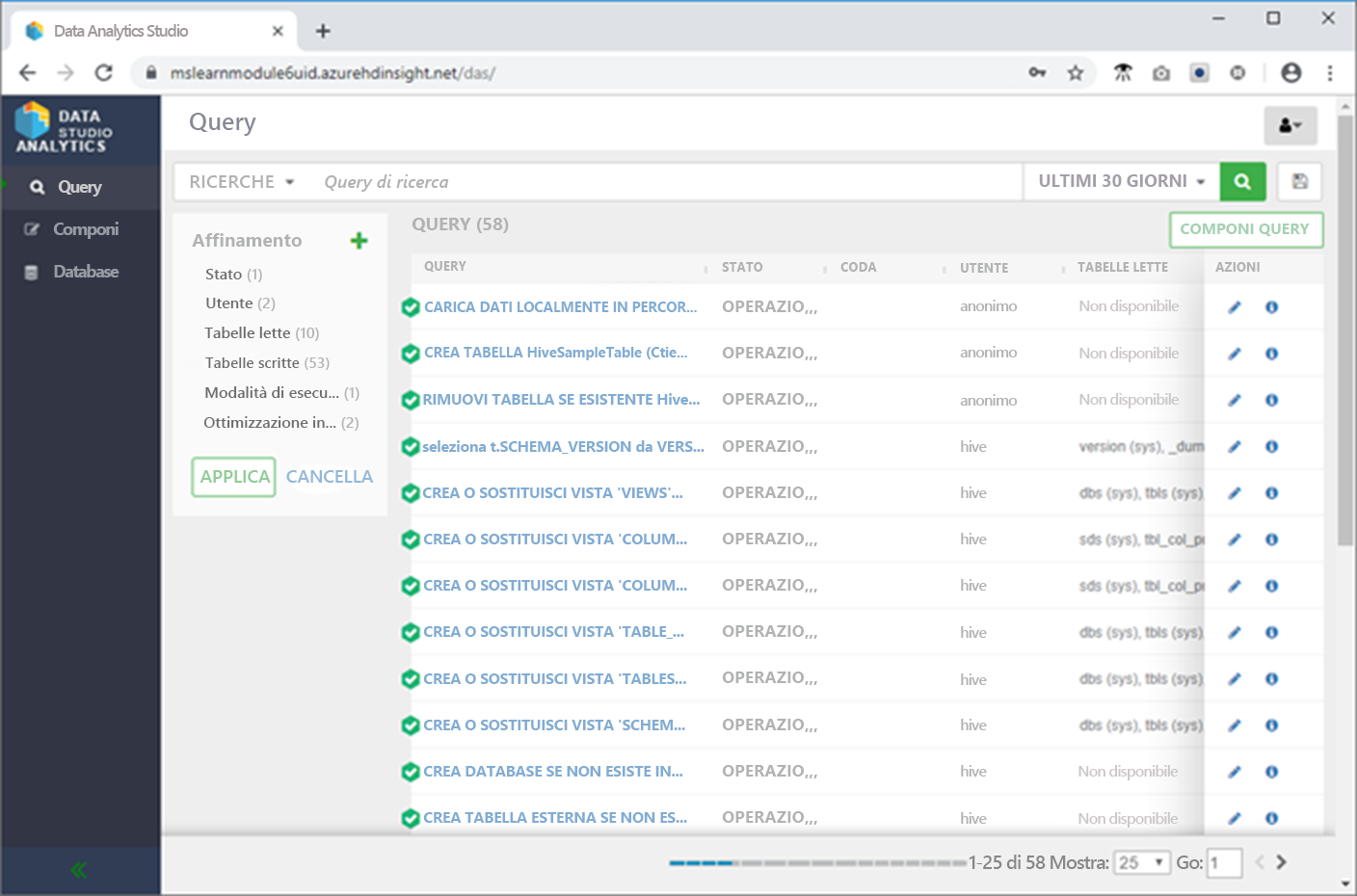 A screenshot of the Data Analytics Studio application