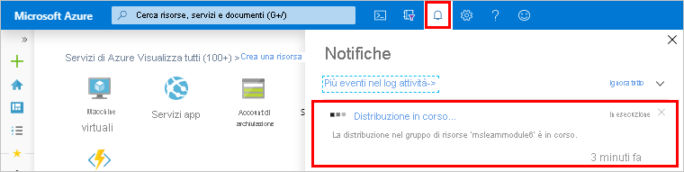 Notifica di distribuzione in corso nel portale di Azure.