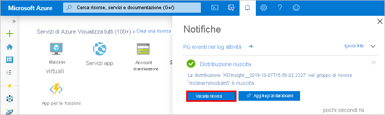 Schermata di distribuzione riuscita di HDInsight nel portale di Azure.