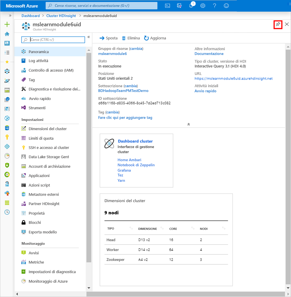 Schermata di panoramica di HDInsight nel portale di Azure.