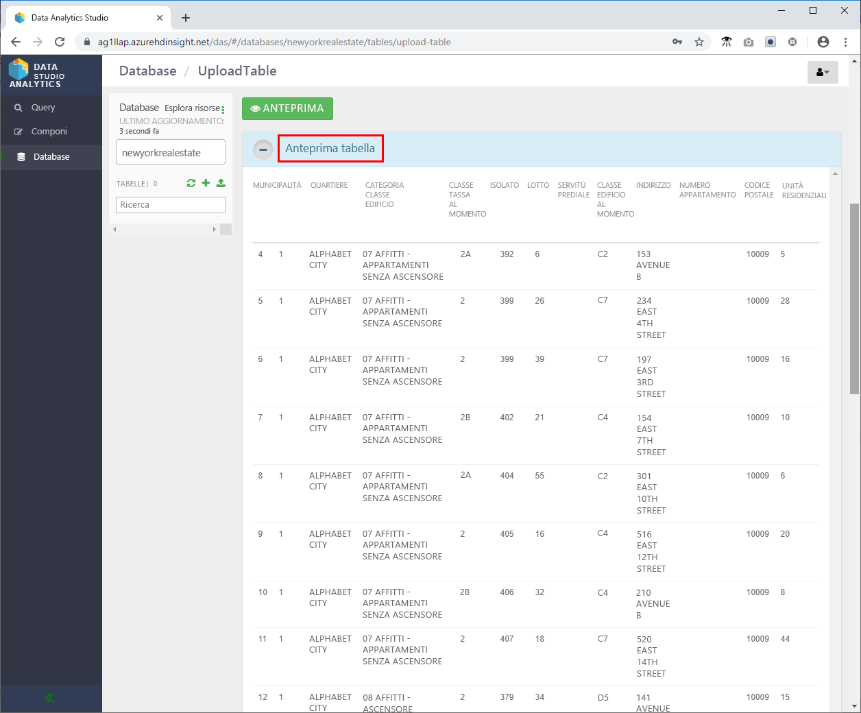 Table preview in the Data Analytics Studio application