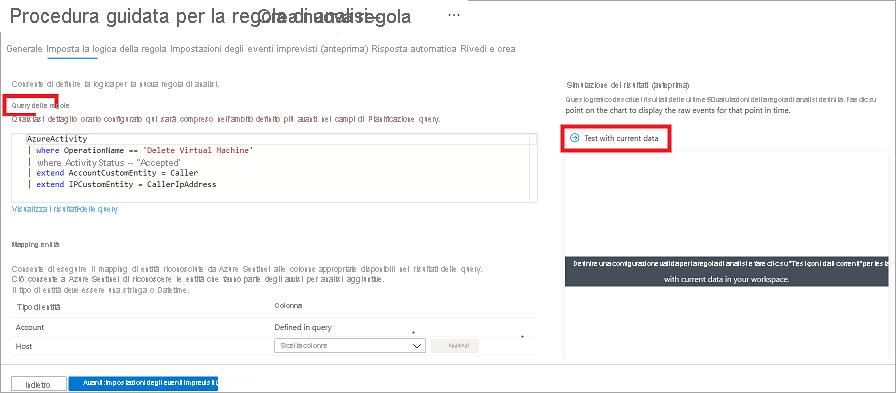 Screenshot della procedura guidata usata per creare una regola di analisi pianificata.