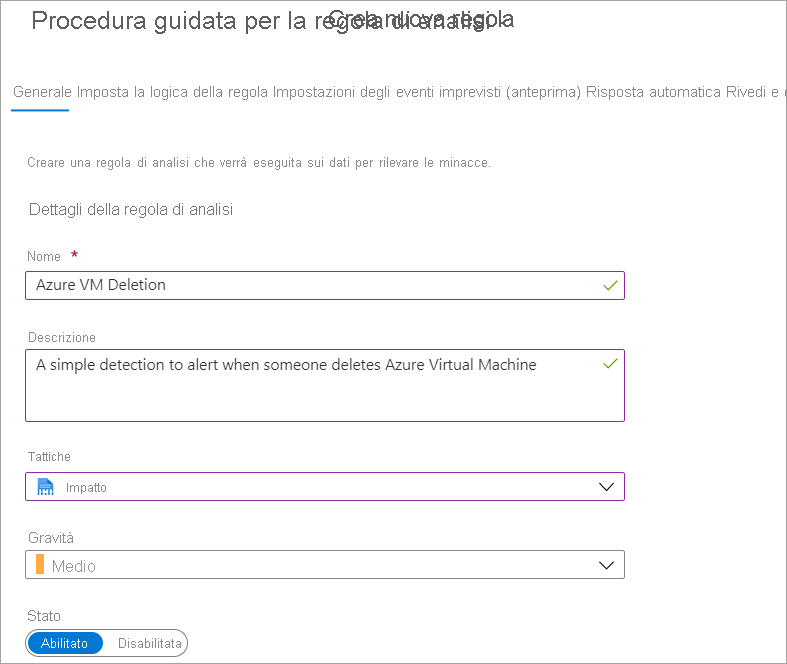 Screenshot di Creazione guidata regola di analisi - Crea nuova regola.