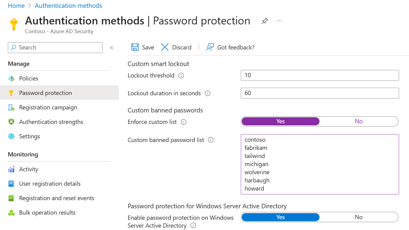 Screenshot che mostra un server di configurazione di un elenco di password vietate personalizzate.