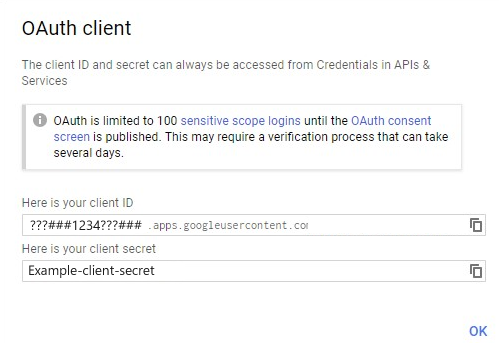 Screenshot dell'ID client OAuth e del segreto client. Impostare il segreto di accesso.