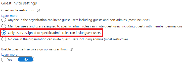 Screenshot delle impostazioni dell'invito guest con l'opzione Guest può invitare impostata su No ed evidenziata.